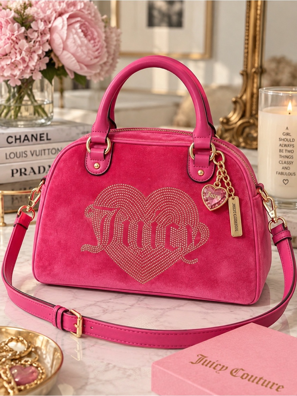 Juicy Couture Queen Couture Raspberry Tart Velour Satchel Crossbody